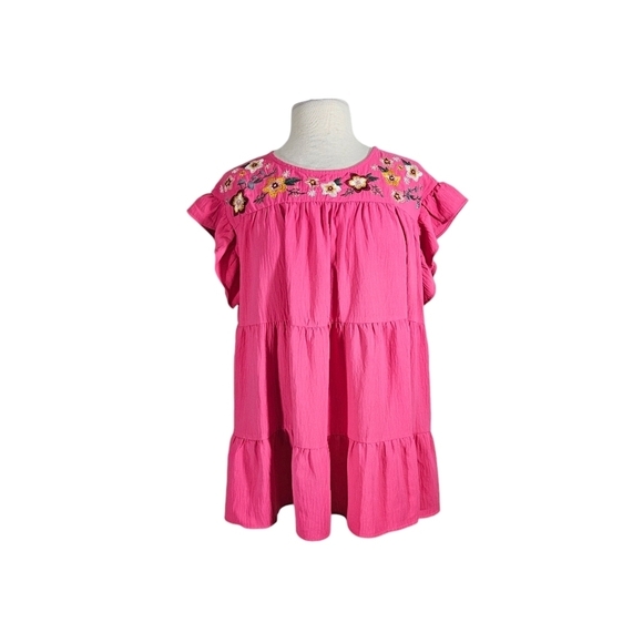 NWT Oddi Boutique Fuschia Pink Floral Embroidered Flutter Sleeve Tunic Top - Picture 1 of 7